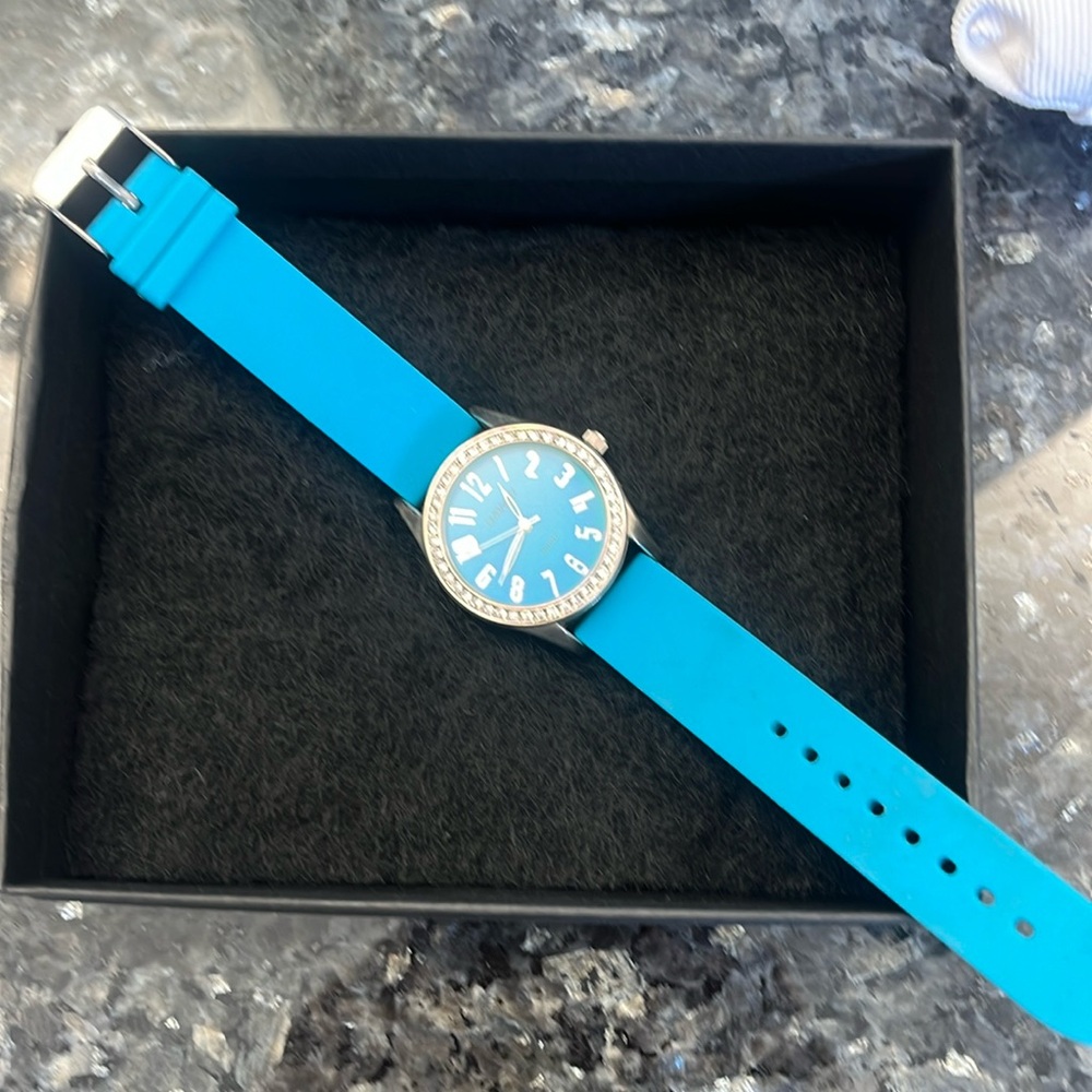 Turquoise and silver watch rubber band and rhinestones face